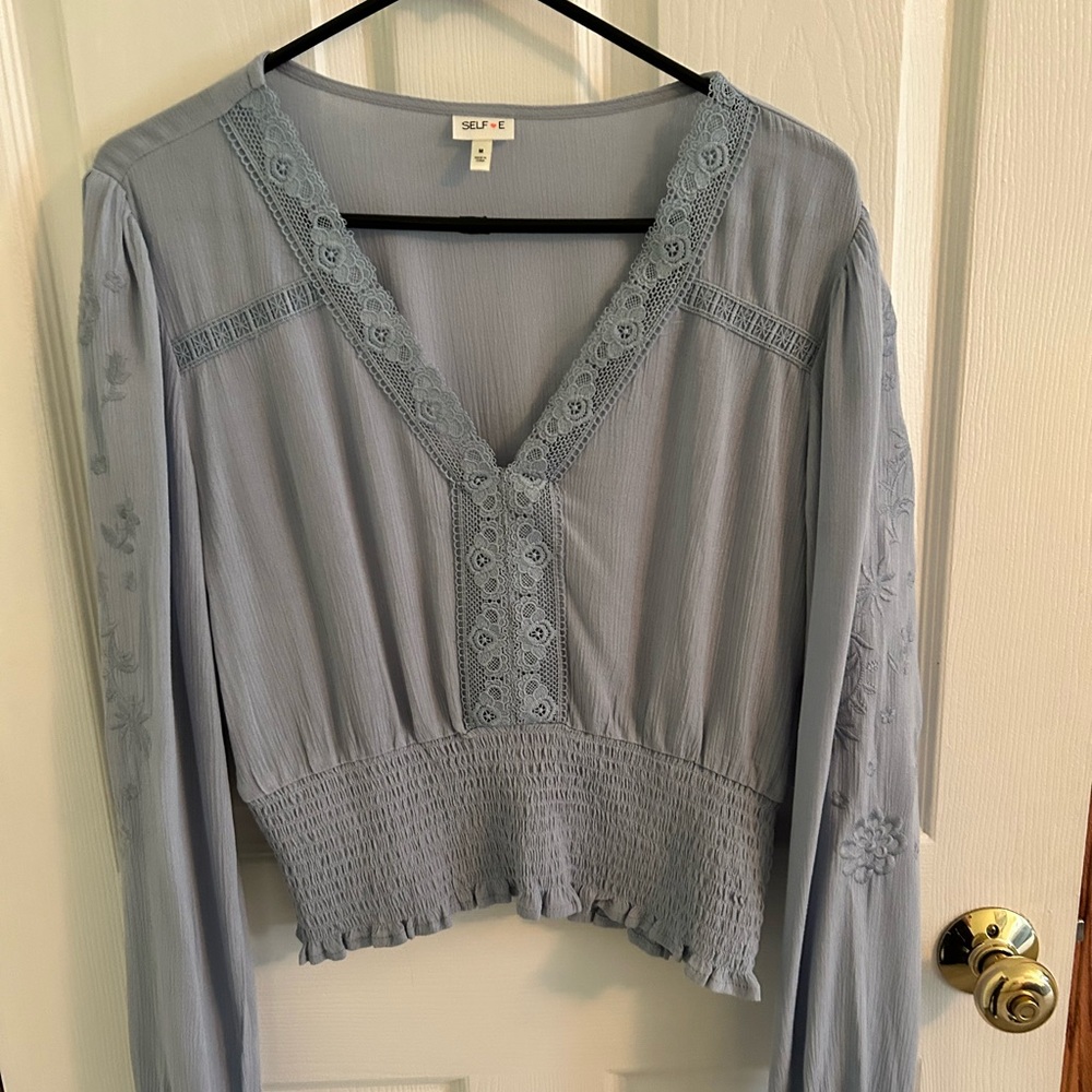 Selfie Leslie Light Blue Embroidered Blouse